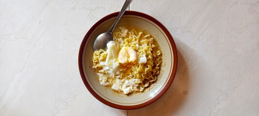 Photo of boiled noodles with half-cooked egg.