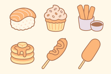 Cute and pastel cartoon icons of fun food stand items. Ideal for festival posters, children’s menus, and food market UI kits.