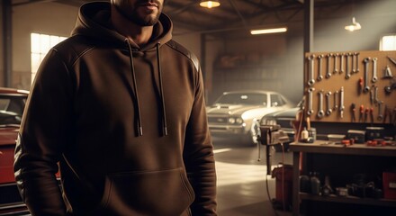 Fototapeta premium A cinematic mockup of a man's blank, dark hoodie with realistic leather sleeves, in a sophisticated, vintage cafe with warm lighting.