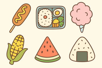 Colorful hand-drawn icons of festival snacks with soft tones and thin lines. Ideal for kids menus, fair graphics, and food court apps.