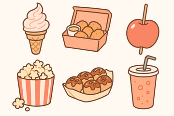 Hand-drawn style icon set of festival snacks including ice cream, nuggets, popcorn, takoyaki, soda, and candied apple. Soft tones and cartoon lines.