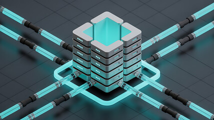Isometric digital illustration of a server rack with glowing blue tubes and connections isolated on a transparent background