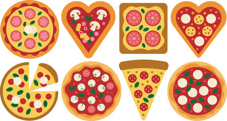  diverse array of pizza designs, including various shapes (round, heart, square, triangle) and toppings, along with a whole pizza with a slice removed. 
