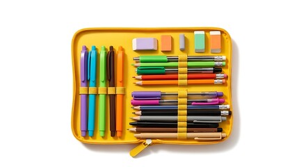 Yellow Pencil Case with Pens Pencils and Erasers