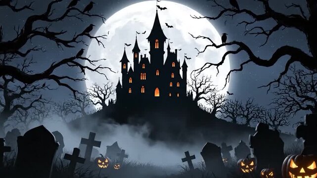 Scary Halloween castle under a full moon in the dark night. Illustration of a gothic and eerie landscape. Animation of halloween pumpkin in the forest background. - Powered by Adobe
