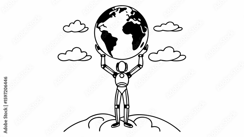Poster robot holding globe with clouds in the background in a black and white line drawing style image
