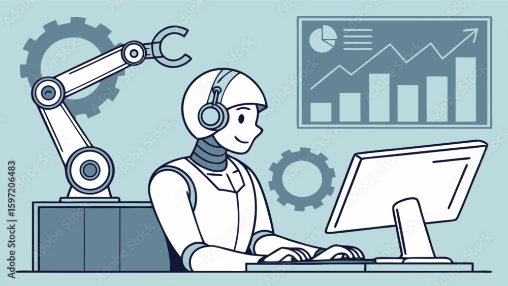 Poster illustration of a robot working at a computer with a robotic arm and chart in the background