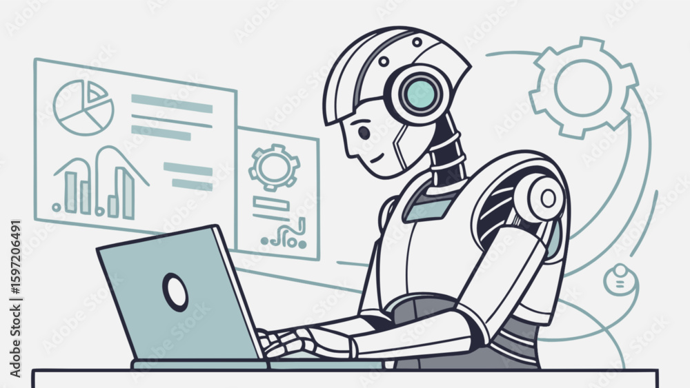 Poster illustration of a robot working on a laptop with charts and gears in the background design concept