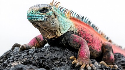 Fototapeta premium A colorful marine iguana resting on dark volcanic rock with a white background in close up view