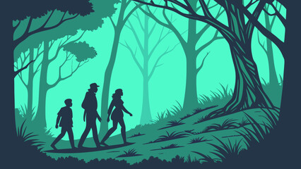 Silhouette of a family hiking through a dense forest with tall trees and lush green foliage on a trail