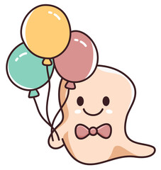 Cute halloween ghost holding colorful balloon with happy face and bow tie in festive celebration