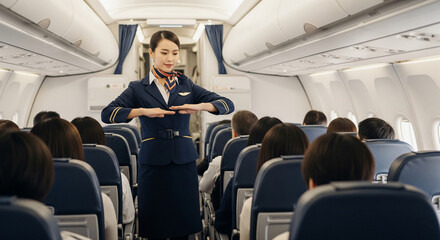 Flight attendant demonstrates safety procedures to passengers aboard an airplane.