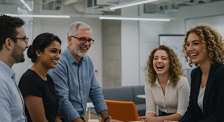 Diverse team members share a joyful moment during a successful collaboration
