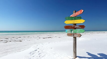 Colorful beach signpost, direction, ocean, turquoise water, travel, sunny day, vacation, guide