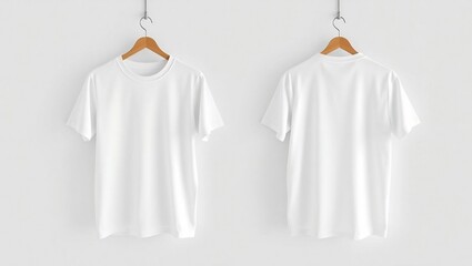 mockup of a white short sleeve t-shirt on a wooden hanger with a white background.