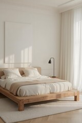 Serene Minimalist Bedroom:  Neutral Tones, Wooden Platform Bed,  Sunlight, Blank Canvas.