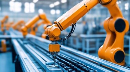 Automated Assembly Line with Orange Robotic Arms in Modern Factory Setting