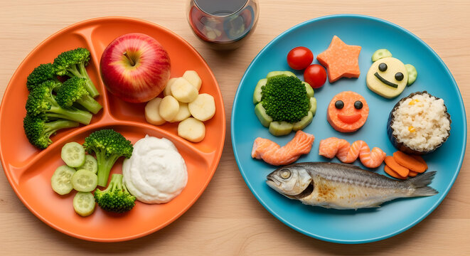 Nourishing kids' meals featuring colorful, fun food arrangements with fruits, vegetables, fish, and healthy sides, promoting balanced eating habits and playful mealtime experiences for young children.