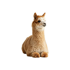 Adorable light brown alpaca sitting against a white background. generative AI