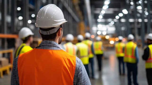 Warehouse Workers Wearing Safety Gear, Including Hard Hats and High Visibility Vests