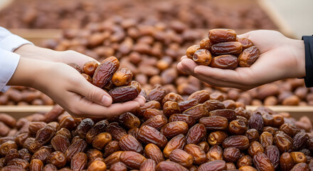 Two hands exchanging fresh, sweet dates from a large pile, showcasing natural goodness and healthy snacking options in a vibrant market setting