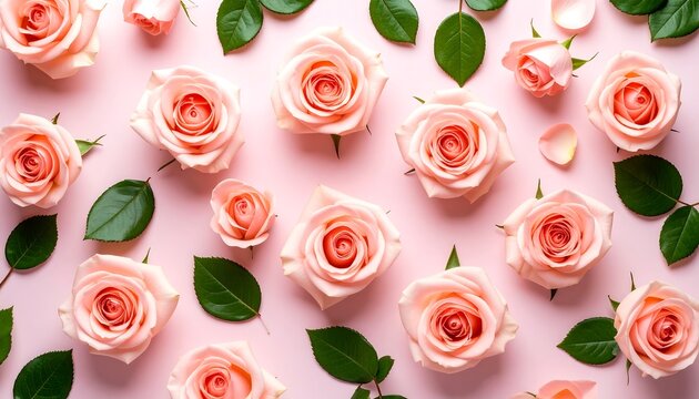 Delicate pink roses and leaves on a pastel background