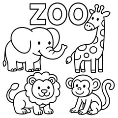 Cartoon animals in black and white with zoo theme for coloring  