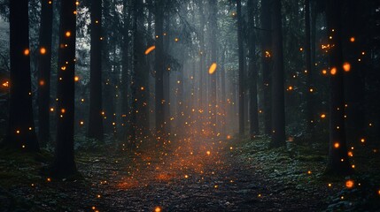 Mystical forest path with glowing lights, dark woodland scenery and fog