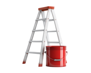 Ladder with a red paint bucket