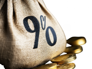 Money bag with percentage symbol, surrounded by gold coins, symbolizes financial growth and investment opportunities. burlap texture adds rustic touch to image, enhancing its appeal