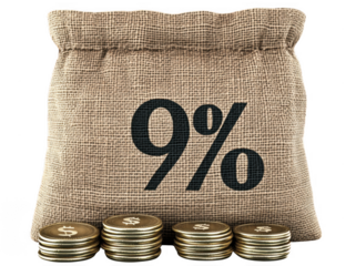 Money bag made of burlap with large percentage symbol displayed prominently, surrounded by stacks of gold coins. This conveys themes of finance, savings, and investment opportunities