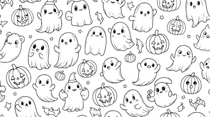 A delightful pattern of cute smiling ghosts and jackolantern pumpkins perfect for halloweenthemed designs