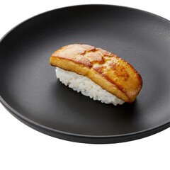 Exquisite Foie Gras Nigiri Sushi on a Black Plate, Gourmet Food Presentation.