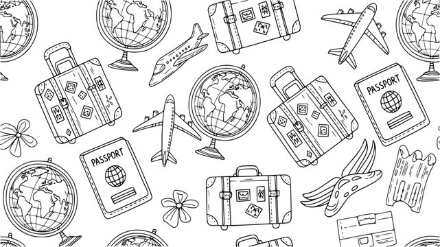 A seamless pattern of travel items including airplanes passports globes and suitcases representing global exploration and
