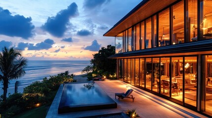 A modern, glass-fronted beachfront villa glows warmly at sunset, its infinity pool reflecting the twilight sky. Lush tropical vegetation frames the scene, creating a tranquil, luxurious ambiance
