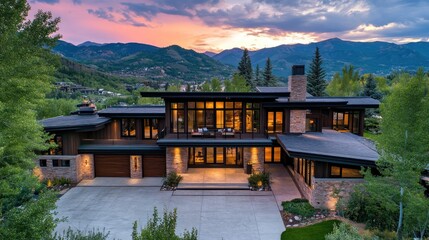 A modern, expansive home with dark wood and stone exterior,  illuminated at dusk, overlooks a mountain valley at sunset.  The architecture is contemporary, with large windows and a spacious driveway