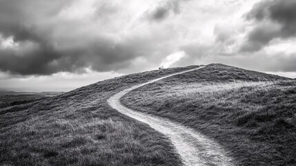 Winding Path Ascending Grassy Hill Under Dramatic Sky, Black and White Landscape