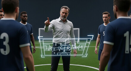 Soccer coach explains tactics to team with augmented reality display on the field