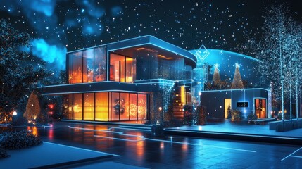 A modern, illuminated smart home is depicted in a snowy winter night scene, showcasing its technological integration with festive decorations and energy-efficient lighting