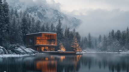 A modern, wood-framed house with large windows sits lakeside, nestled amongst snow-covered evergreens and majestic, snow-capped mountains under a misty sky. 