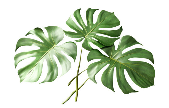 Fototapeta Large monstera leaves create vibrant and tropical atmosphere, perfect for enhancing interior decor or botanical themes. Their unique shapes and rich green colors add touch of nature beauty