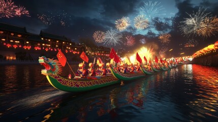 A nighttime spectacle of dragon boats adorned with flags, gliding on a river under a vibrant fireworks display against a backdrop of ancient architecture and illuminated lanterns