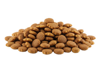 Pile of dry pet food kibble on a white background, ready for feeding pets at home