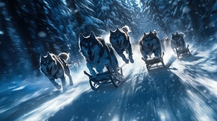 A pack of huskies powerfully pulls a sled through a snowy, forested landscape at night, their breath visible in the frigid air, creating a dynamic motion blur