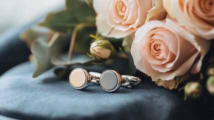 A pair of cufflinks, one rose gold, one grey, rest on a dark blue fabric beside a bouquet of pale pink roses