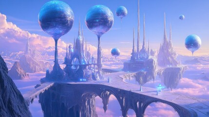 A pastel-hued fantasy city floats amidst clouds, its architecture a blend of spires, bridges, and bulbous structures.  Glowing elements suggest an ethereal energy source