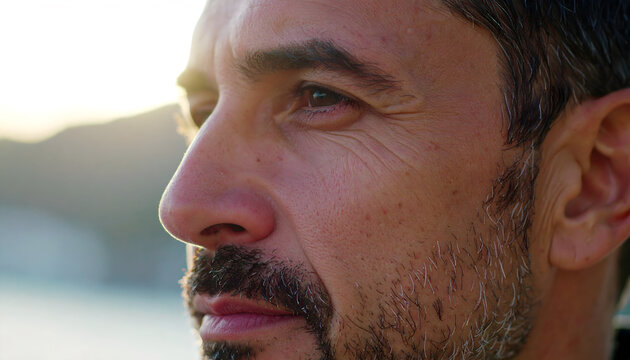 Contemplative man's profile, sunlit face, weathered skin, and thoughtful gaze