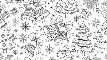 A charming black and white doodle pattern features festive christmas bells snowflakes and decorated trees evoking a joyful