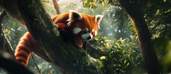 A red panda rests on a thick tree branch amidst lush green foliage, bathed in dappled sunlight filtering through the canopy
