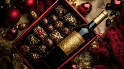 A red box filled with assorted chocolates sits beside a bottle of red wine, surrounded by festive Christmas ornaments and textured fabrics in deep reds and golds